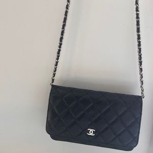 CHANEL black quilted caviar leather silver CC woven chain crossbody WOC bag